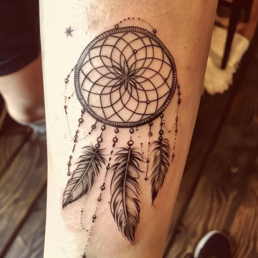 Dreamcatcher tattoo with feathers and beads on white surface