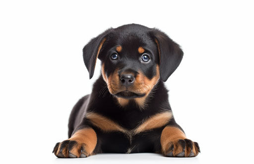 Rottweiler puppy sitting on white background, Firmin Baes style