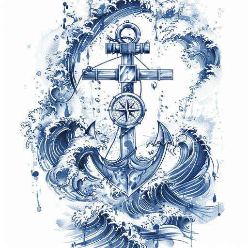 Nautical tattoo design anchor and compass surrounded by waves classic navy blue on white background
