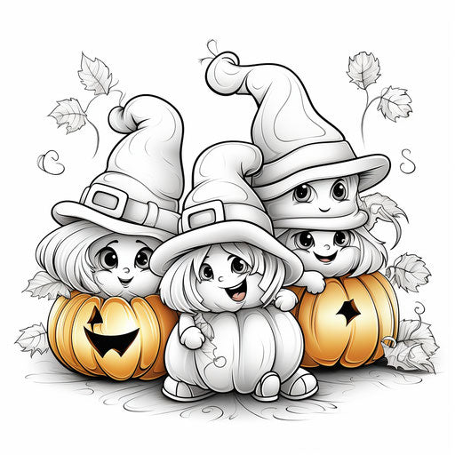 Pumpkins with hats coloring pages, rok stock, in the style of captivating character caricatures