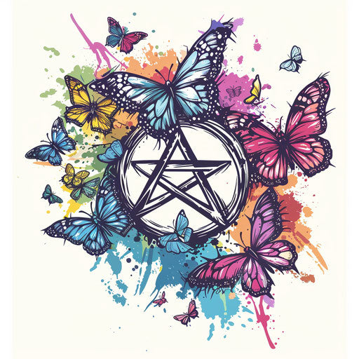 Whimsical tattoo sketch in clipart style, an anarchy symbol surrounded by butterflies, colorful palette