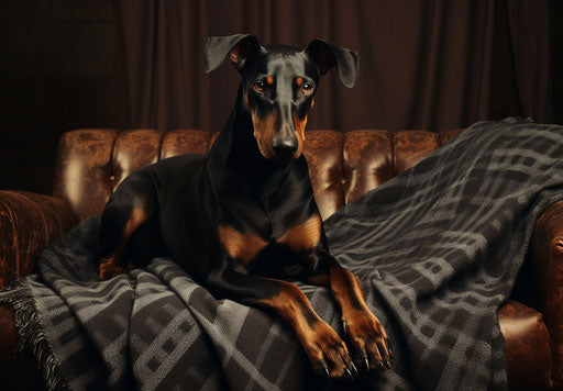 Black and tan doberman standing on a couch with a blanket