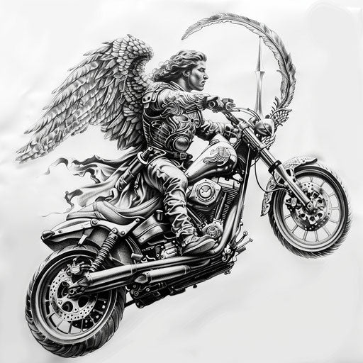 Black and gray realistic tattoo of Archangel Michael on a powerful motorcycle