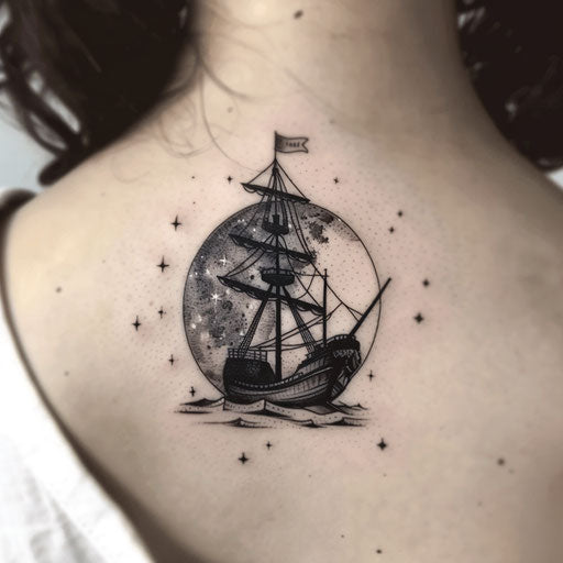Pirate ship silhouette tattoo with moon and stars
