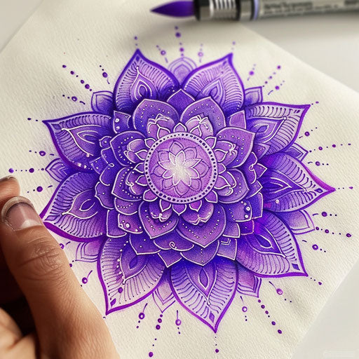 Spiritual Crown Chakra tattoo design, violet mandala with glowing aura on white background