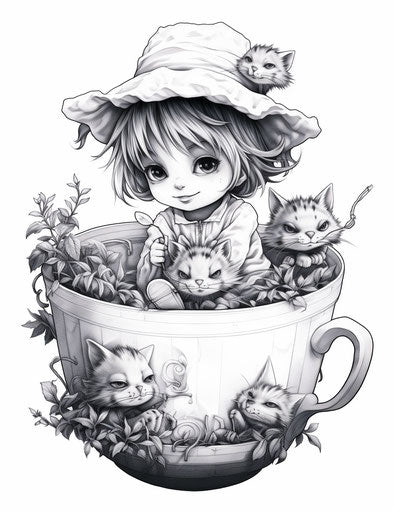 Girl sitting in a pot with a cup, meticulous inking style