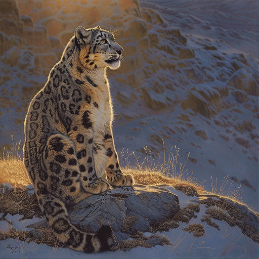 Snow leopard surveys territory at dawn with golden light
