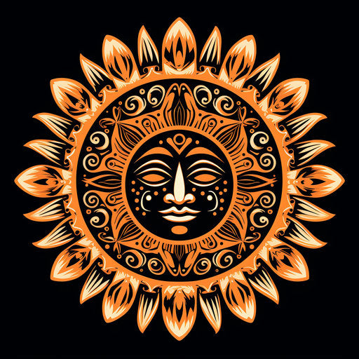 Moche art poster, sun design, black background, orange white