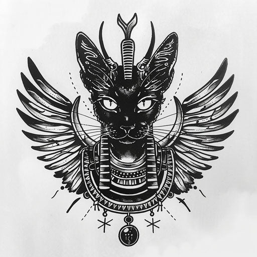 Vintage flat tattoo sketch of Bastet with ancient Egyptian motifs
