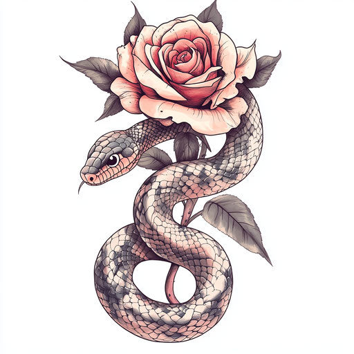 Coiled snake around rose in soft tones