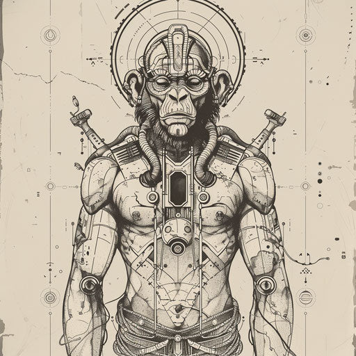 Futuristic flat tattoo sketch featuring Hanuman as a robotic figure