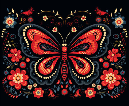 Black butterfly with black and red flowers