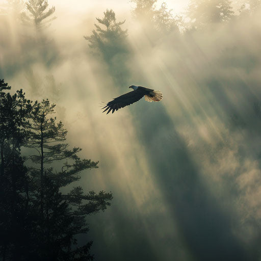 Bald eagle soaring through foggy forest at dawn