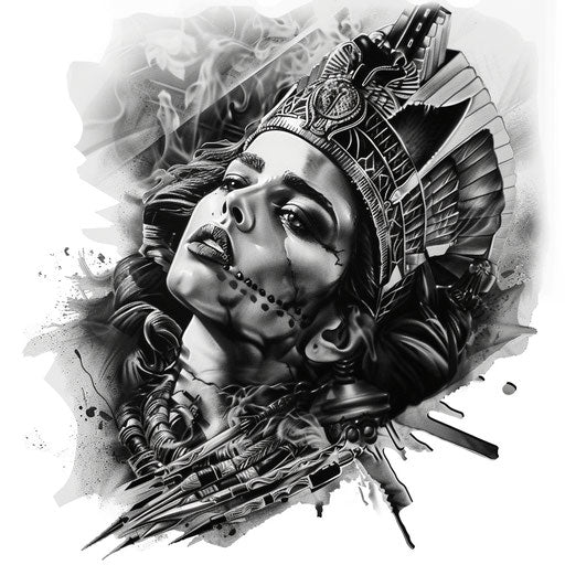 Cleopatra's death scene tattoo stencil, dramatic and detailed in gray scale on white.