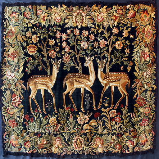 Traditional tapestry weaving scene with gazelles as central motif