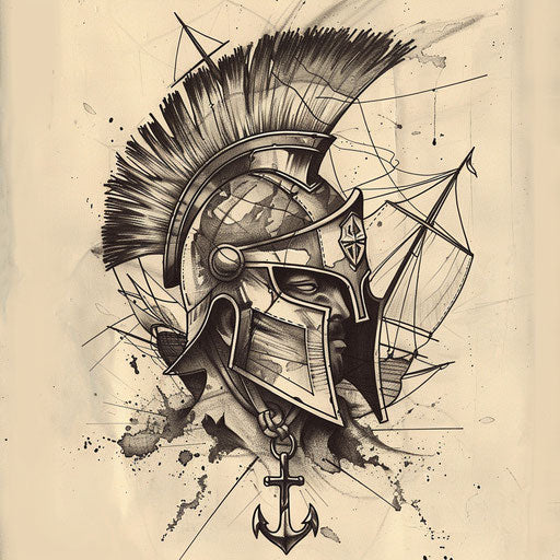 Spartan helmet tattoo sketch with nautical theme