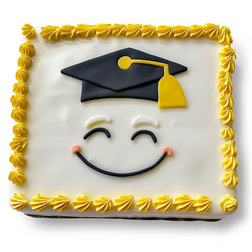 White rectangular cake with emoji in graduation cap