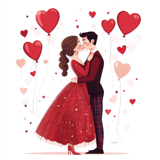 Lovely couple in red attire surrounded by heart balloons