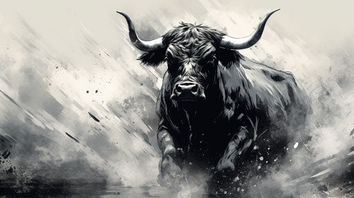 Black and white cow illustration, wet-on-wet blending style, manticore, 8k resolution, Chinese brushwork, Soviet, dynamic movement 16:9