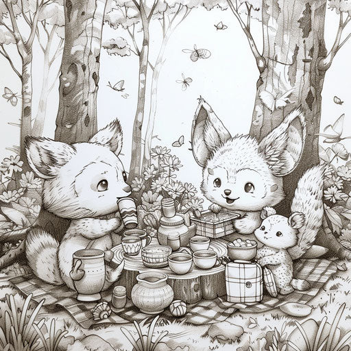 Adorable forest critters enjoying a picnic in Mamoru Hosoda style coloring book page
