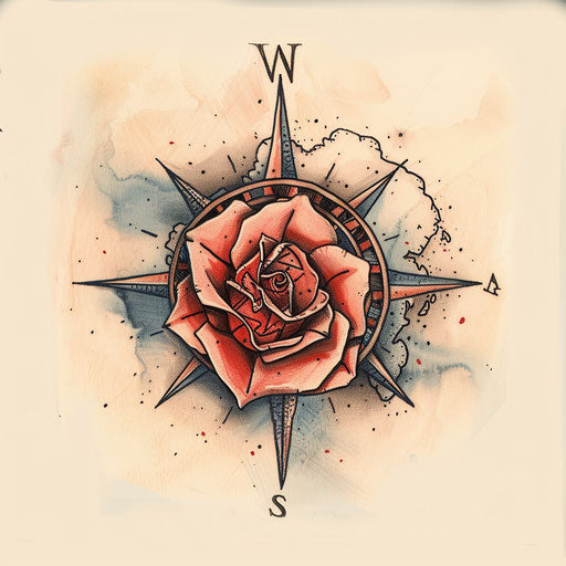 Sketch of a traditional wind rose and map tattoo design, symbolizing adventure, in vintage colors, on a clean white background.