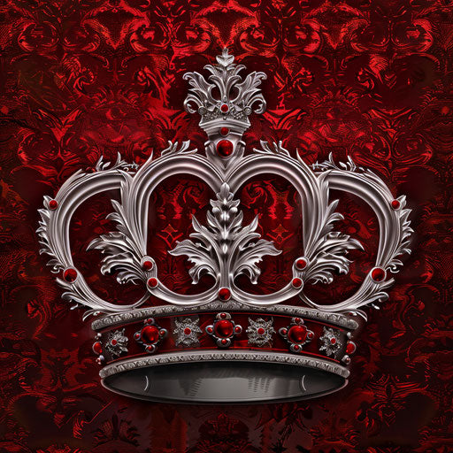 Crown logo in red and silver on regal background