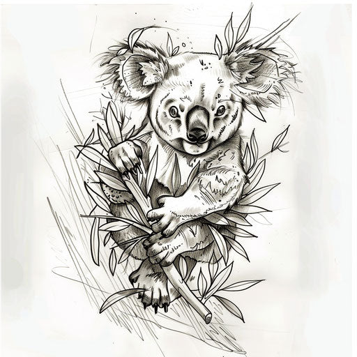 Dynamic tattoo sketch of a koala leaping among branches