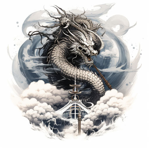 Japanese dragon with clouds and sword