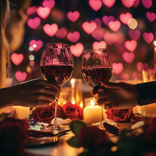 Romantic dinner with wine and heart-shaped lights