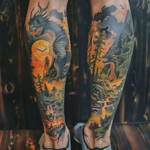 Fantasy tattoo with mythical creatures and landscapes
