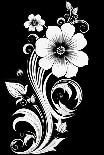 Monochrome floral design with swirls