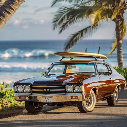Elegant 1977 Chevelle estate wagon with vintage surfboard