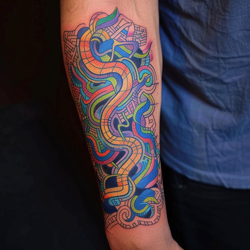Friendship tattoos in the style of Guy Aitchison with vibrant, interconnected abstract patterns