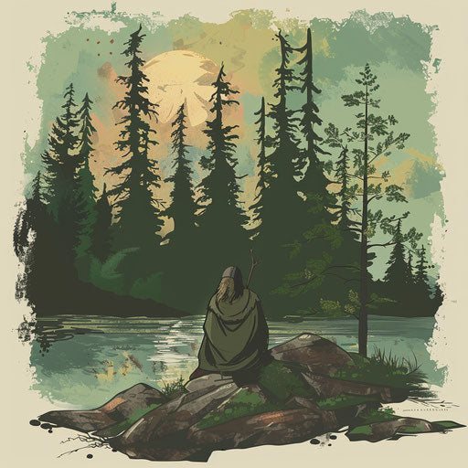 Serene tattoo sketch of Baldur in a tranquil forest scene