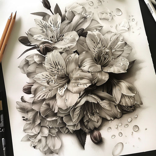 Hyper-realistic bouquet of flowers tattoo design with dewdrops on white canvas