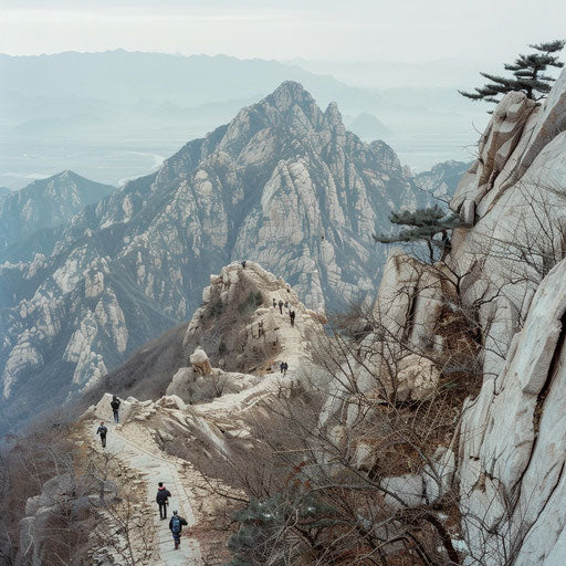 Mount Tai with climbers on a rugged trail