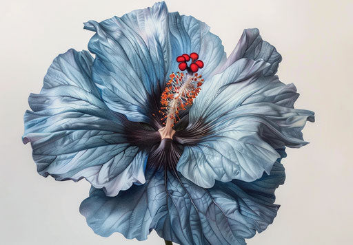 Blue flower with red eyes, shibori style, hyperrealistic illustrations