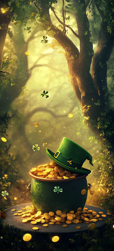 Treasure and green hat in enchanted forest, magical atmosphere