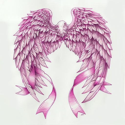 Angel wings tattoo with pink ribbons