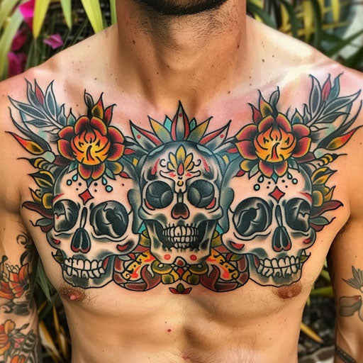 Chest tattoo for men with traditional skulls and flames