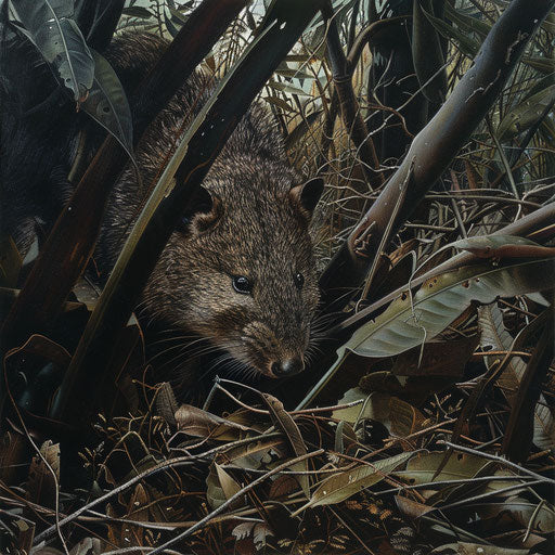 Tense moment as a northern brown bandicoot hides from a predator among dense underbrush