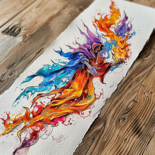 Fantasy fire tattoo, a wizard casting fire spells