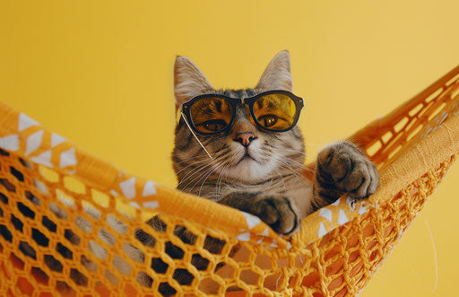 A cat in sunglasses in a hammock on a yellow background