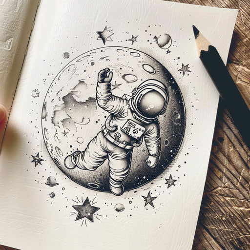 Astronaut touching moon surrounded by stars