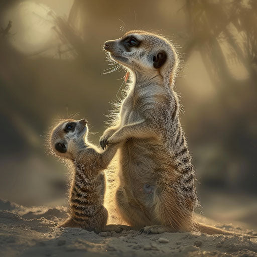 Meerkat and its young, teaching and playing in the sand