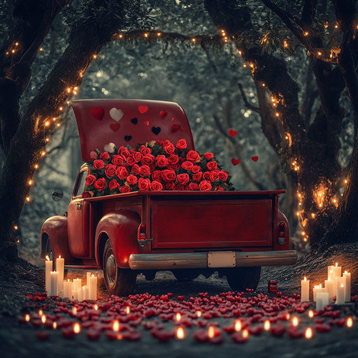 Vintage red truck filled with roses and heart balloons