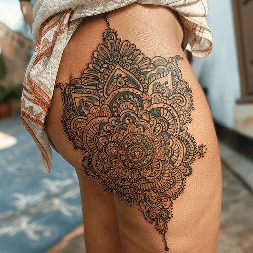 Elaborate thigh tattoo in Guy Aitchison style