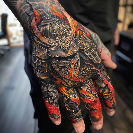Hand tattoo of a warrior in battle