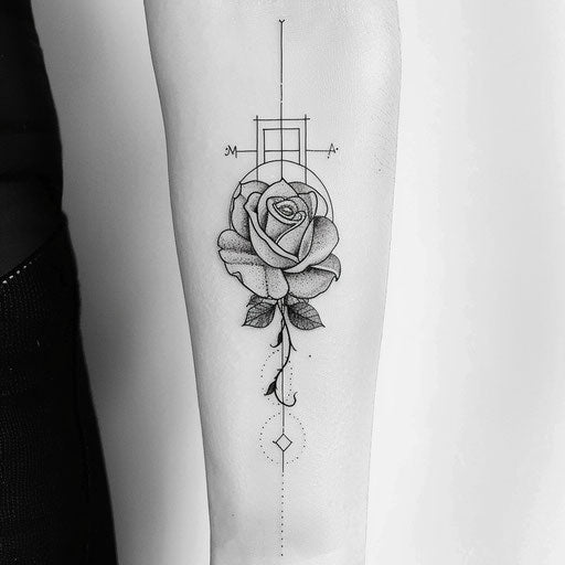 Stylish flat sketch of a rose with Art Deco embellishments