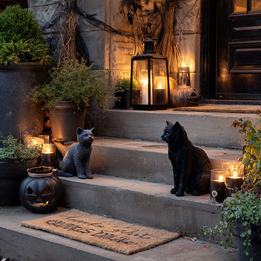Festive Halloween Scene with Black Cat Statues